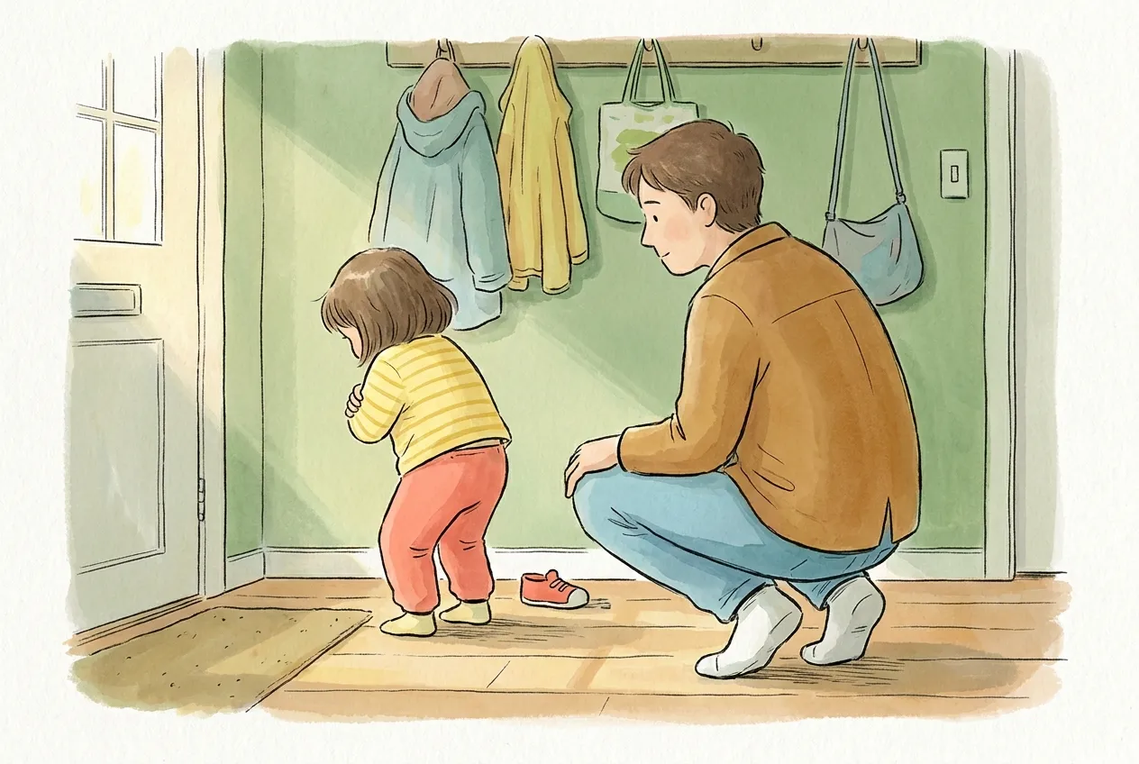 Ilustração em aguarela: no corredor de entrada, uma menina pequena de braços cruzados e cabeça baixa vira-se para a parede, com um sapato descalçado no chão, e o pai, agachado ao seu lado, espera com calma ao nível dela.