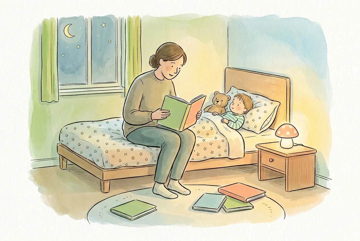 Ilustração em aguarela: à noite, uma mãe sentada na beira de uma cama de criança baixa lê um livro em voz alta ao filho, deitado com um ursinho de peluche. Na mesa de cabeceira brilha uma luz de presença em forma de cogumelo e há livros no tapete.