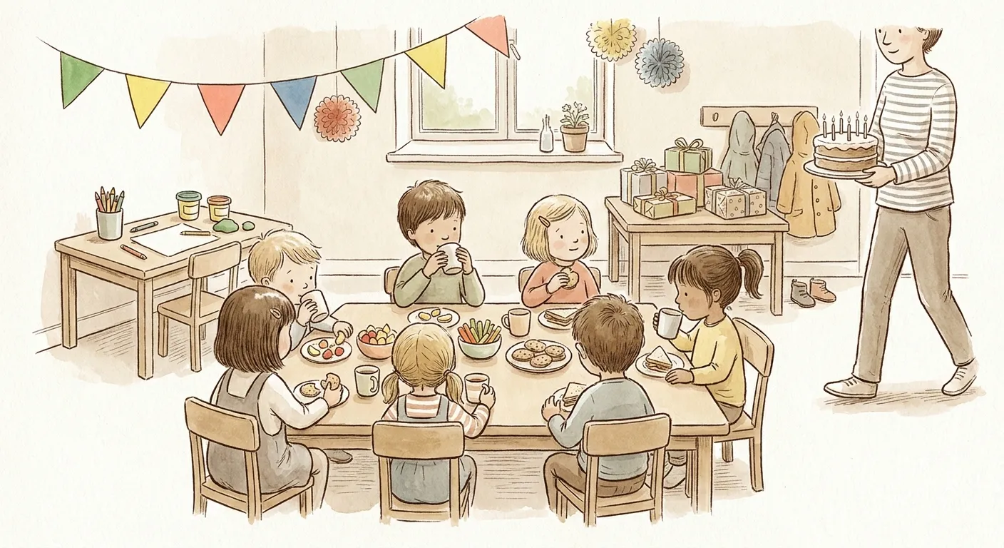 Ilustração em aguarela: festa de aniversário pequena em casa, com sete crianças à volta de uma mesa baixa a comer sanduíches, fruta cortada, palitos de legumes e bolachas; ao fundo, uma mesinha calma com lápis, papel e plasticina, outra mesa com prendas embrulhadas e casacos pendurados, bandeirolas e pompons de papel, e um adulto a entrar com o bolo de velas ainda apagadas.