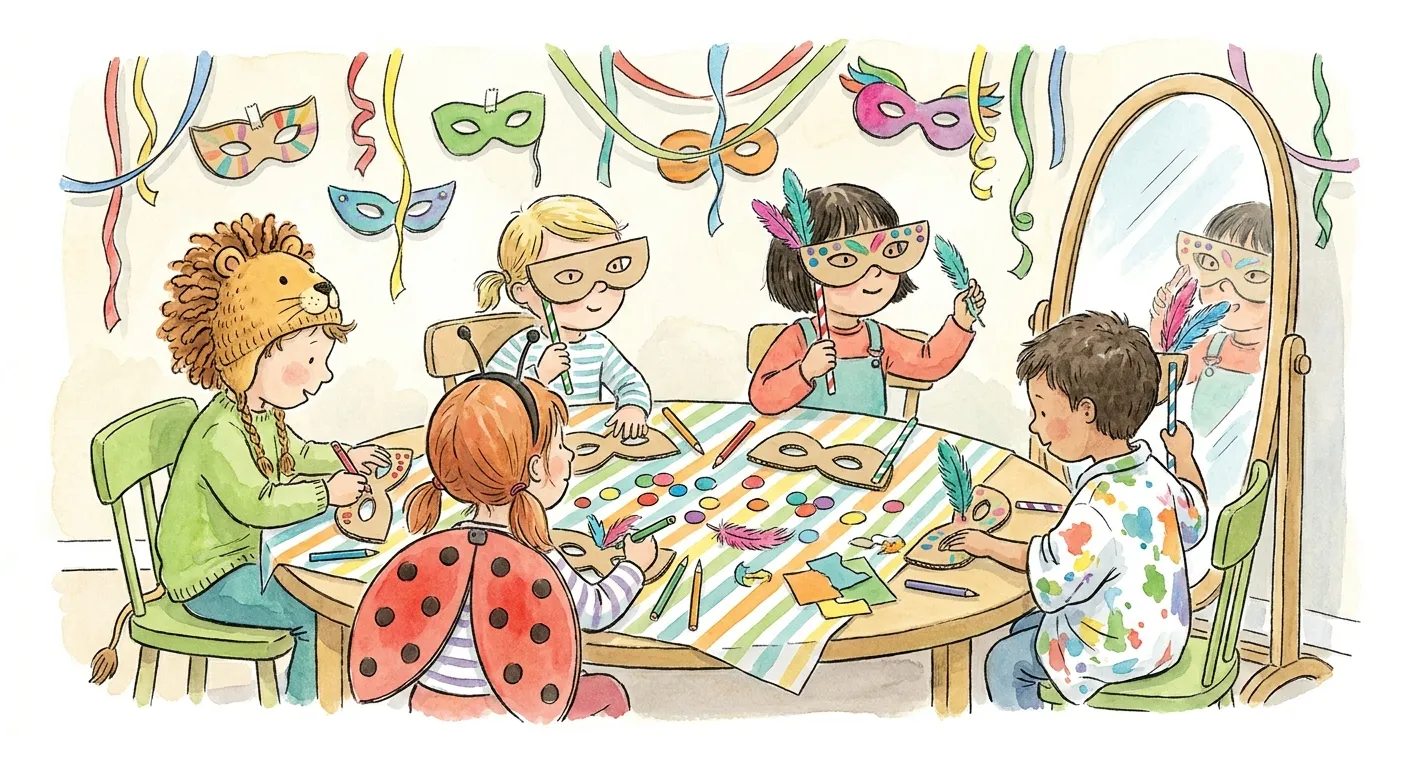 Ilustração em aguarela: oficina de máscaras numa festa de Carnaval em casa, com crianças à volta de uma mesa com toalha às riscas a decorar máscaras de cartão com lápis de cor, autocolantes redondos e penas; uma veste um gorro de leão com juba de lã, outra asas de joaninha, outra uma camisa de pintor salpicada, e um menino segura a máscara por uma palhinha diante de um espelho grande. Serpentinas no teto e máscaras de cartolina na parede.