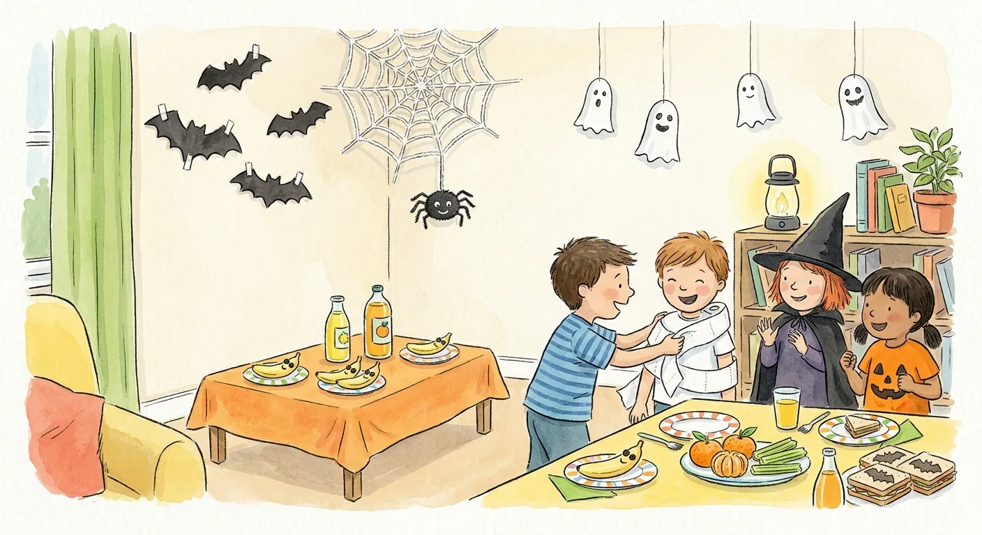 Ilustração em aguarela: festa de Halloween infantil numa sala de dia, com morcegos de cartolina na parede, uma teia de lã com uma aranha e fantasmas de papel pendurados do teto; em primeiro plano, uma criança enrola outra em papel higiénico no jogo da múmia, observada por uma bruxa de chapéu e capa e uma criança de t-shirt de abóbora, junto a uma mesa com fantasmas de banana, tangerinas com aipo e sanduíches com forma de morcego.