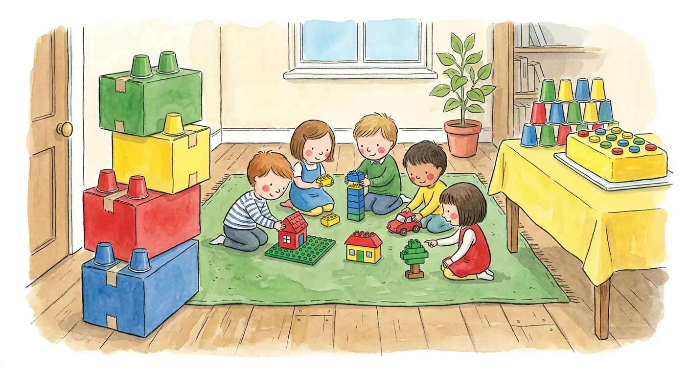 Ilustração em aguarela: festa com tema de blocos de construção, com uma torre de caixas de cartão pintadas de verde, amarelo, vermelho e azul, cada uma com copos de papel virados ao contrário como pinos; num tapete verde, cinco crianças constroem uma pequena cidade de peças de encaixar genéricas, com casas, uma árvore, uma torre e um carro; ao lado, uma mesa de toalha amarela com copos coloridos e um bolo amarelo decorado com bombons redondos em fila, como um bloco gigante.