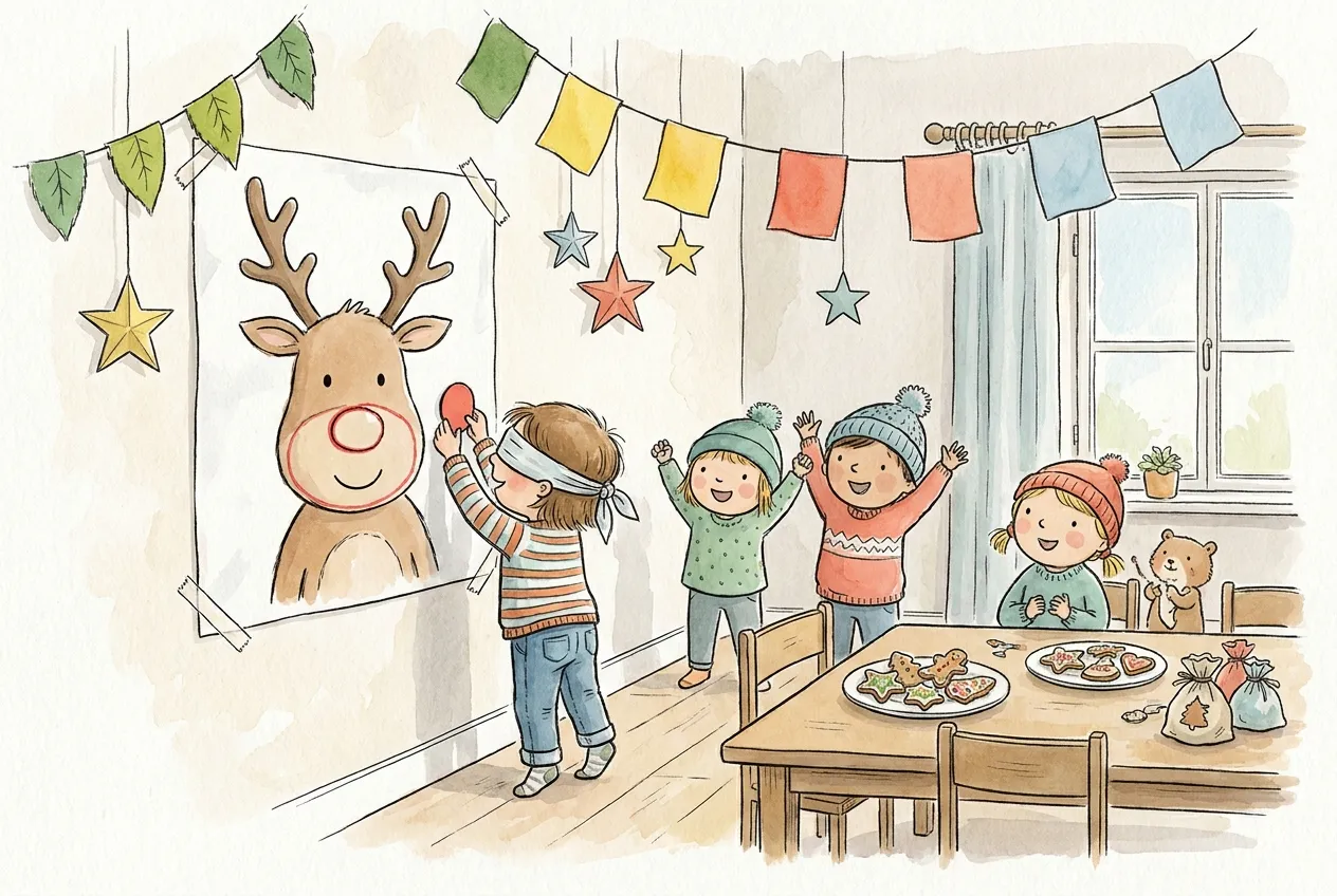 Ilustração em aguarela: numa festa de Natal, uma criança de olhos vendados cola o nariz vermelho num cartaz de rena enquanto outras aplaudem, numa sala com bandeirolas e estrelas de papel e uma mesa com bolachas e saquinhos de lembrança.
