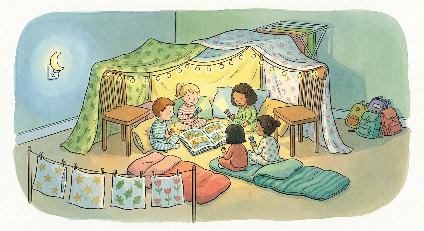 Ilustração em aguarela: festa do pijama numa sala à noite, com uma tenda de lençóis estendida sobre duas cadeiras e um estendal, enfeitada com luzes a pilhas; lá dentro, cinco crianças de pijama com lanternas veem um livro ilustrado sobre almofadas e sacos-cama. Em frente, fronhas pintadas com estrelas, folhas e tulipas secam num fio, uma luz de presença em forma de lua brilha na parede e as mochilas estão num canto.