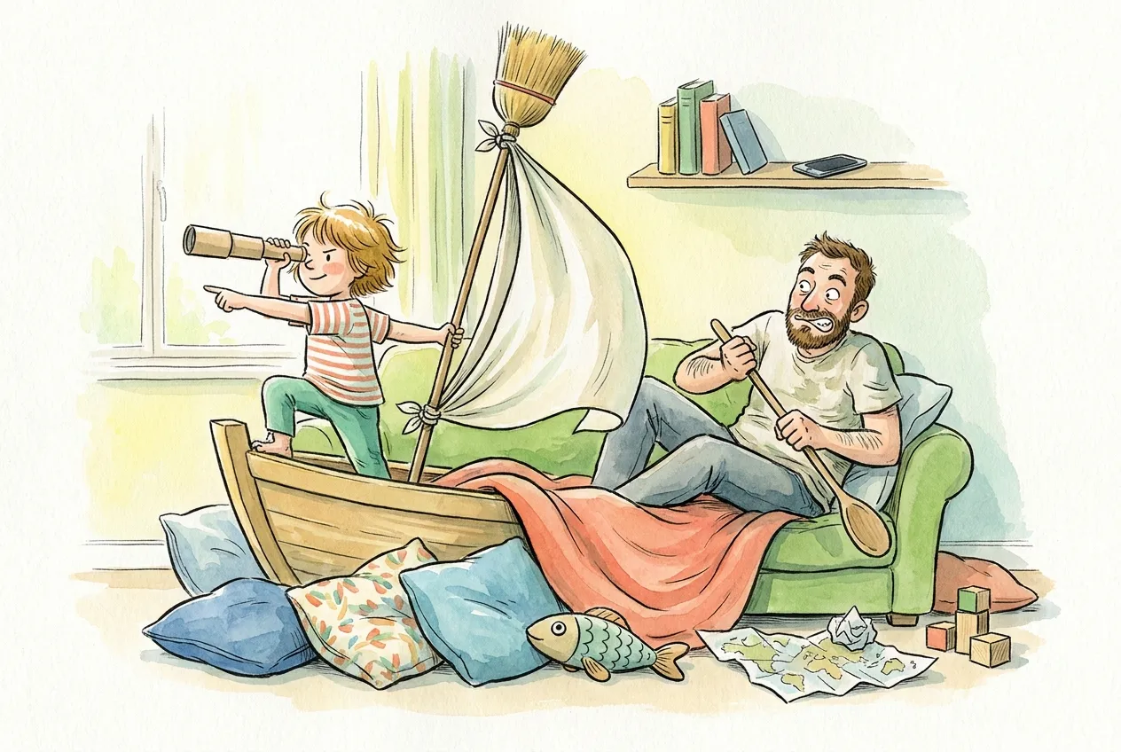 Ilustração em aguarela: no sofá transformado em barco, com um lençol preso a uma vassoura como vela, uma criança faz de capitã e aponta em frente com um óculo de cartão, enquanto o pai rema com uma colher de pau e faz uma careta divertida. O telemóvel do pai está pousado numa prateleira alta e há almofadas, um peixe de peluche e um mapa no chão.