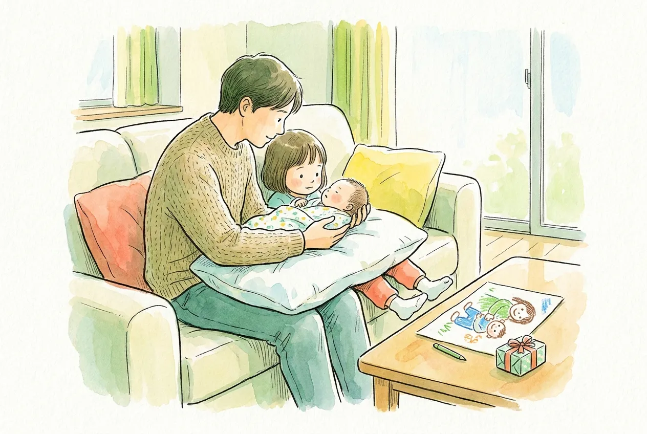 Ilustração em aguarela: no sofá, uma menina pequena olha para o bebé recém-nascido, embrulhado numa manta e pousado numa almofada grande, que o pai segura com as duas mãos ao lado dela. Na mesa baixa estão o desenho de boas-vindas feito pela menina, um lápis de cera e um presente embrulhado.