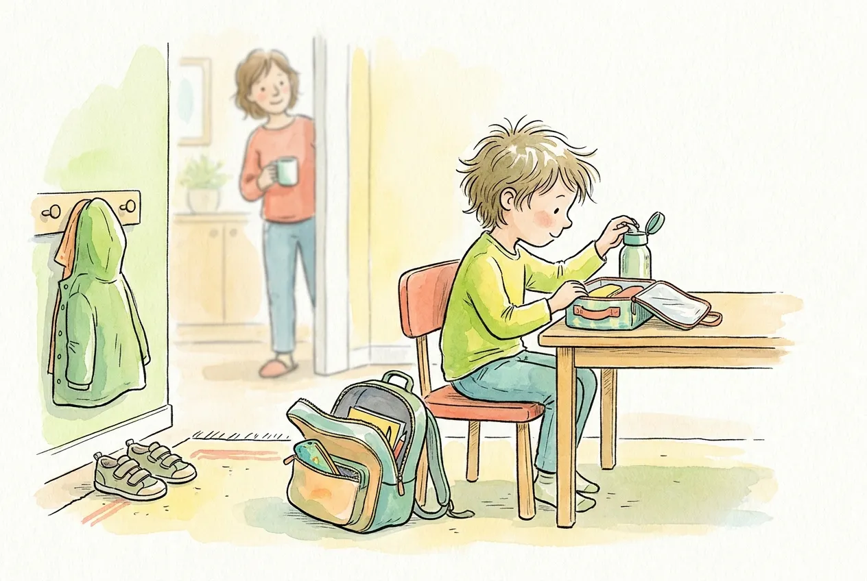 Ilustração em aguarela: um menino sentado sozinho à mesa abre a lancheira e a tampa da garrafa de água, com a mochila aberta ao lado da cadeira, o casaco pendurado no cabide e os sapatos de velcro no chão, enquanto a mãe o observa da porta com uma caneca na mão.