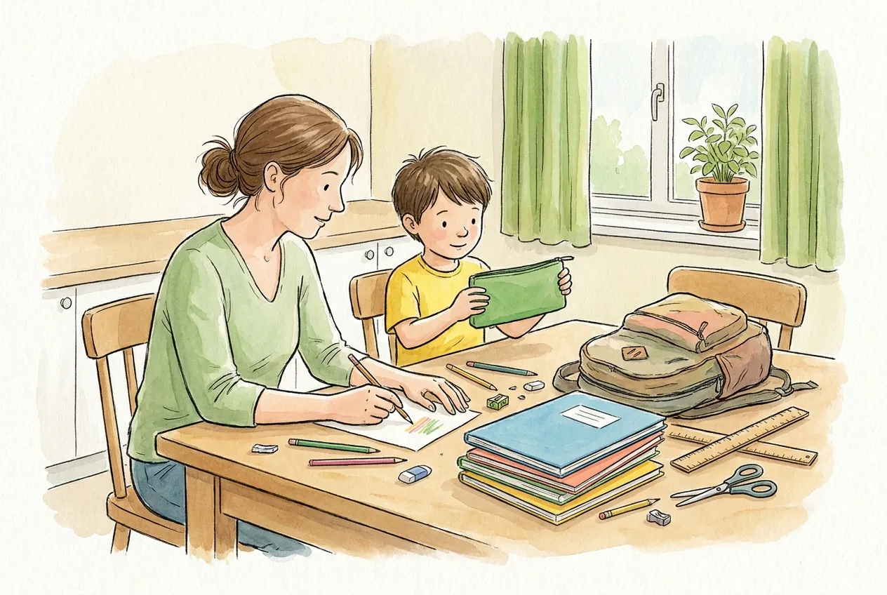 Ilustração em aguarela: à mesa da cozinha, a mãe experimenta os lápis de cor que sobraram do ano anterior enquanto o filho mostra um estojo verde; à volta estão cadernos empilhados, uma régua, uma tesoura, borrachas e uma mochila usada que ainda serve.