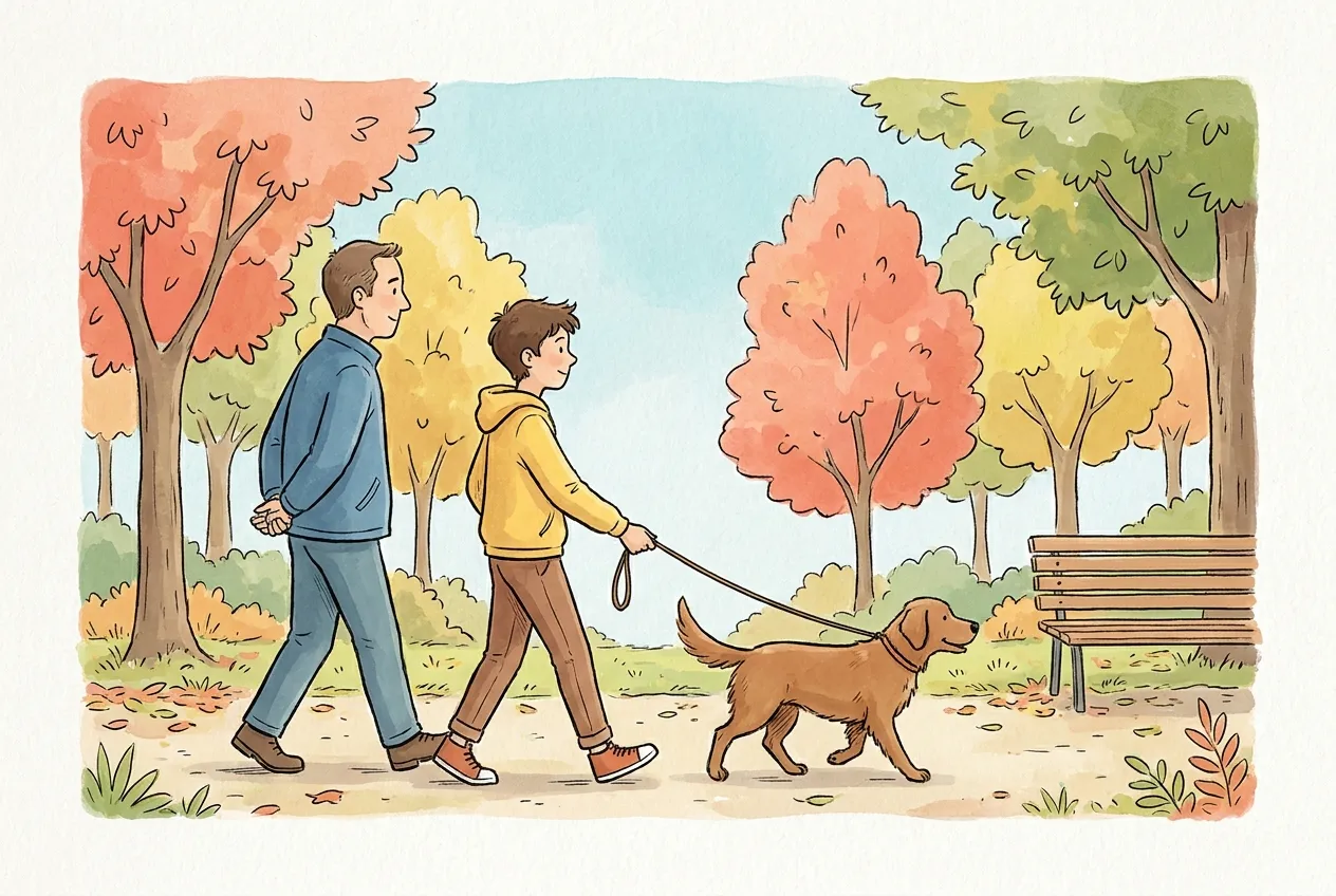 Ilustração em aguarela: um pai e um filho adolescente caminham lado a lado num parque de outono, a conversar com calma enquanto o rapaz leva o cão pela trela, entre árvores de folhas vermelhas e amarelas e um banco de jardim.