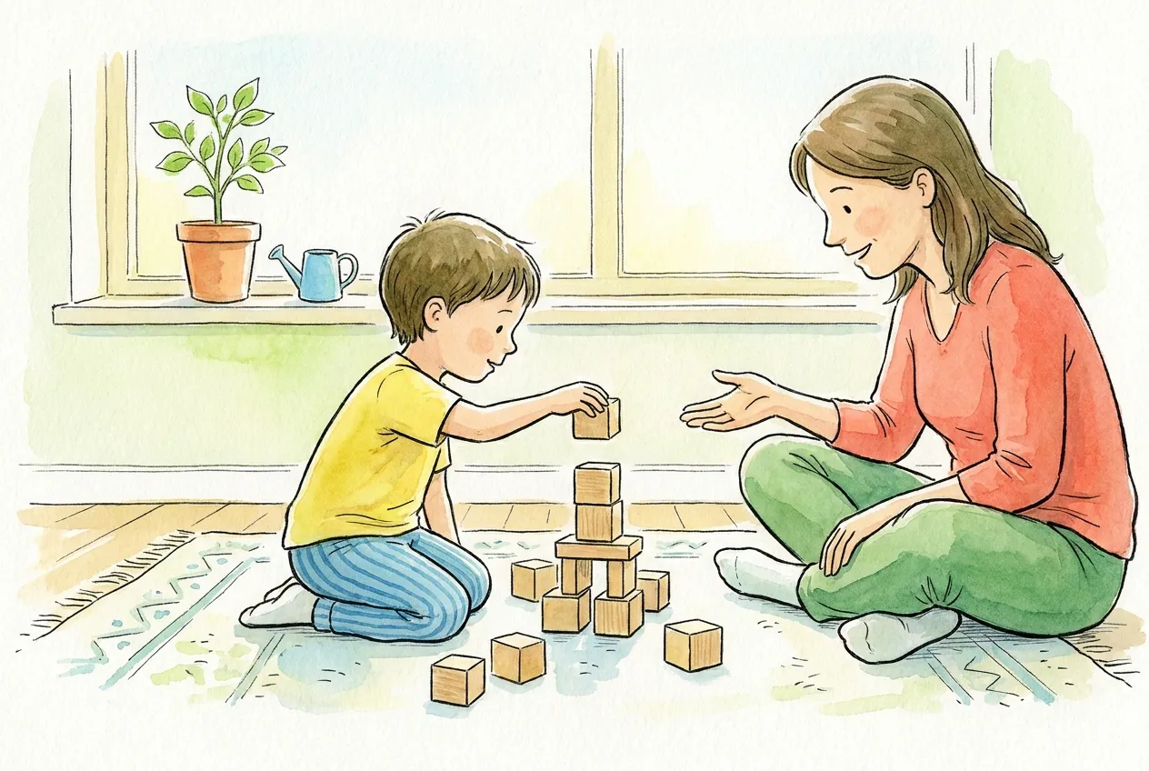 Ilustração em aguarela: um menino ajoelhado no tapete volta a empilhar blocos de madeira espalhados à sua volta, concentrado, enquanto a mãe, sentada ao lado, o encoraja com a mão aberta sem tocar na torre; no parapeito há um vaso com uma planta e um regador azul.