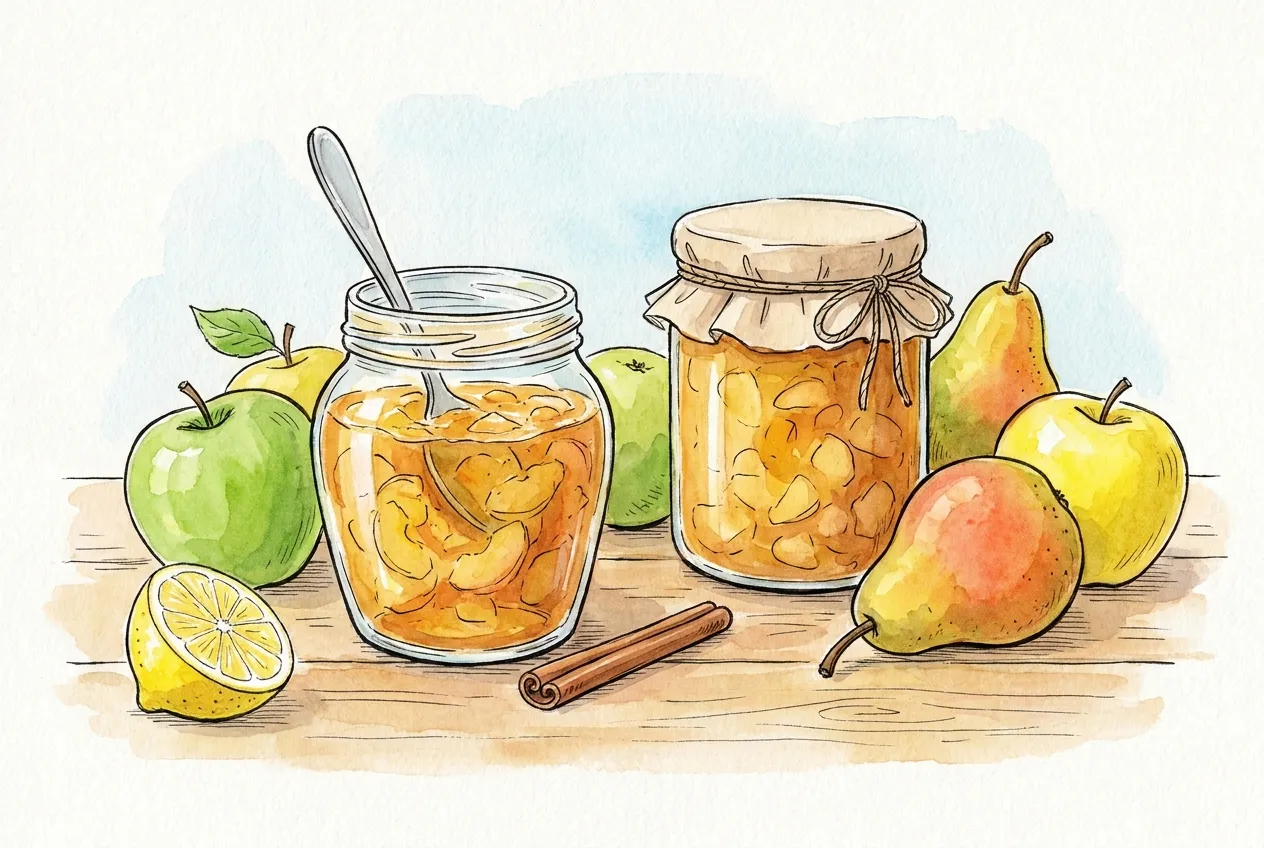 Ilustração em aguarela: dois frascos de compota de maçã e pera com pedaços de fruta, um aberto com uma colher e outro tapado com pano e cordel, entre maçãs, peras, meio limão e um pau de canela.