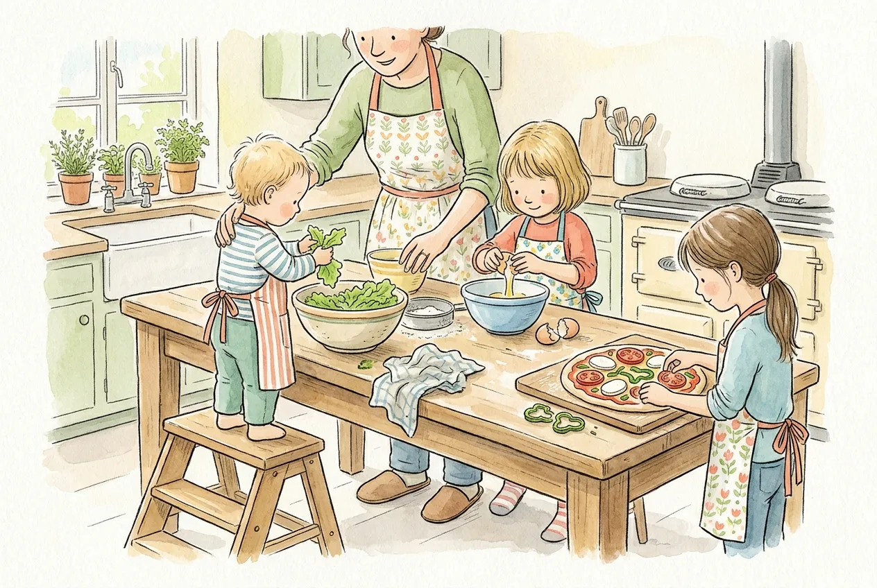 Ilustração em aguarela: três crianças de idades diferentes cozinham com um adulto a uma mesa de madeira, todas de avental. O mais pequeno, num banco estável, rasga folhas de alface para uma taça com o adulto ao lado, uma menina parte um ovo para uma tigela e a mais velha monta uma pizza com tomate, queijo e pimento.