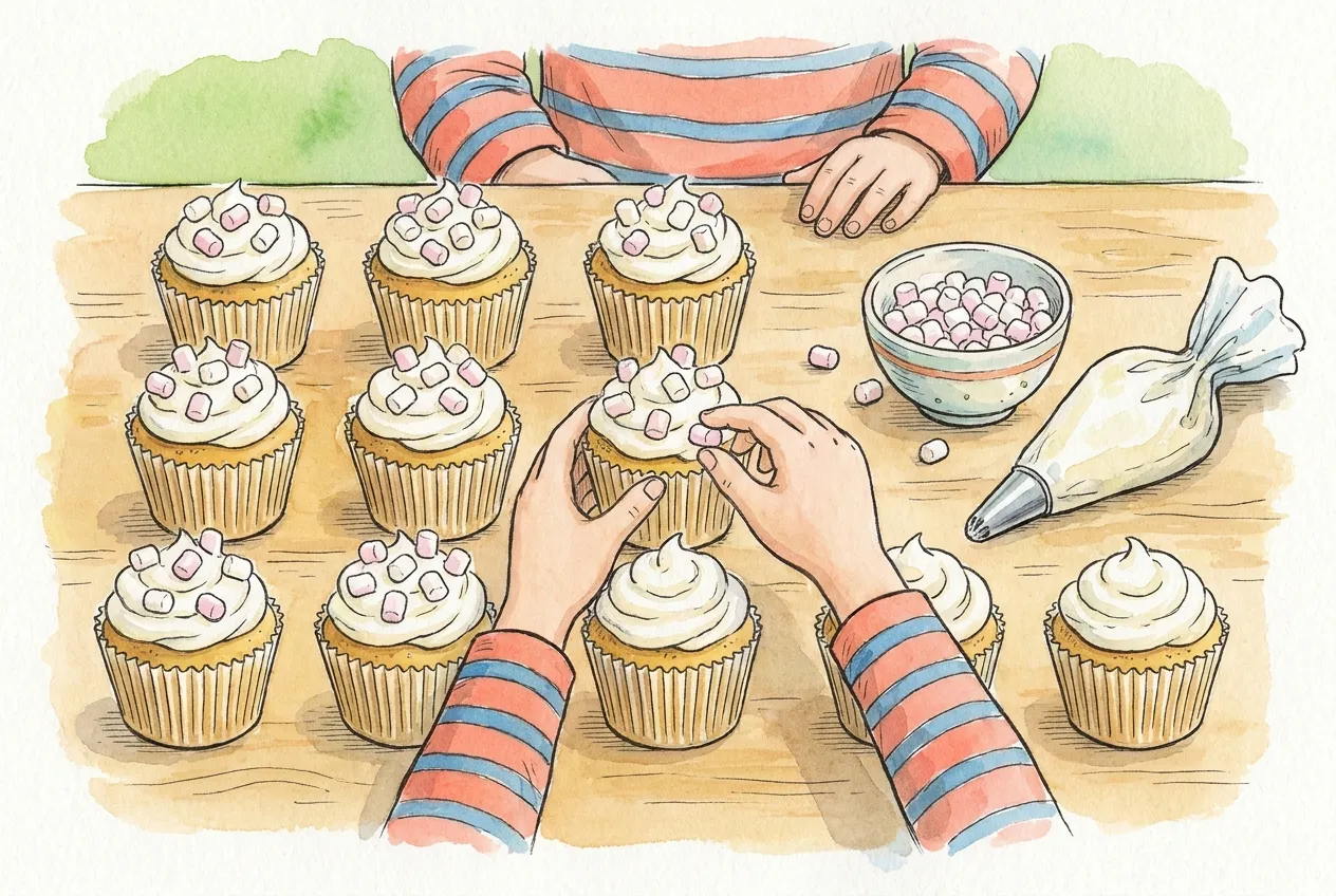Ilustração em aguarela: mãos de criança põem mini marshmallows cor-de-rosa e brancos sobre a cobertura branca de cupcakes de baunilha em formas de papel, com uma taça de marshmallows e um saco de pasteleiro ao lado.