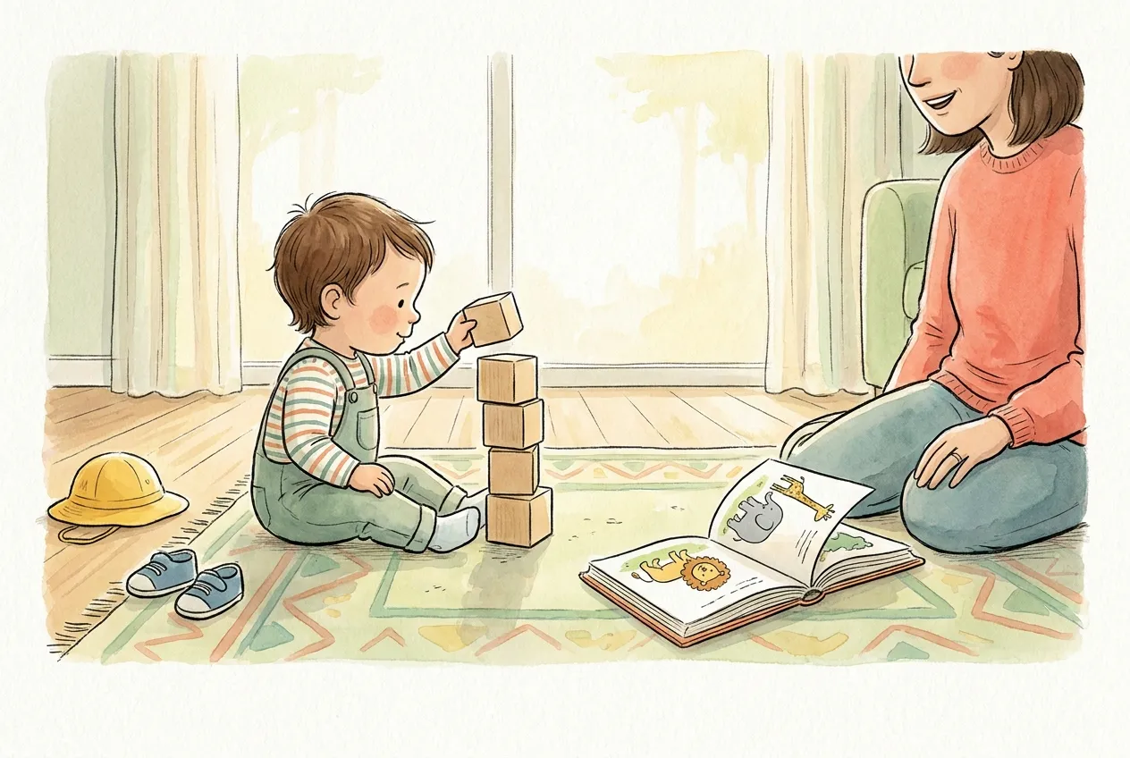 Ilustração em aguarela: uma criança de 2 anos de jardineiras, sentada num tapete da sala, junta mais um cubo de madeira a uma torre de cubos, ao lado de um livro aberto com um leão e uma girafa, enquanto a mãe observa sentada no chão; junto ao tapete estão uns sapatos pequenos e um chapéu amarelo.