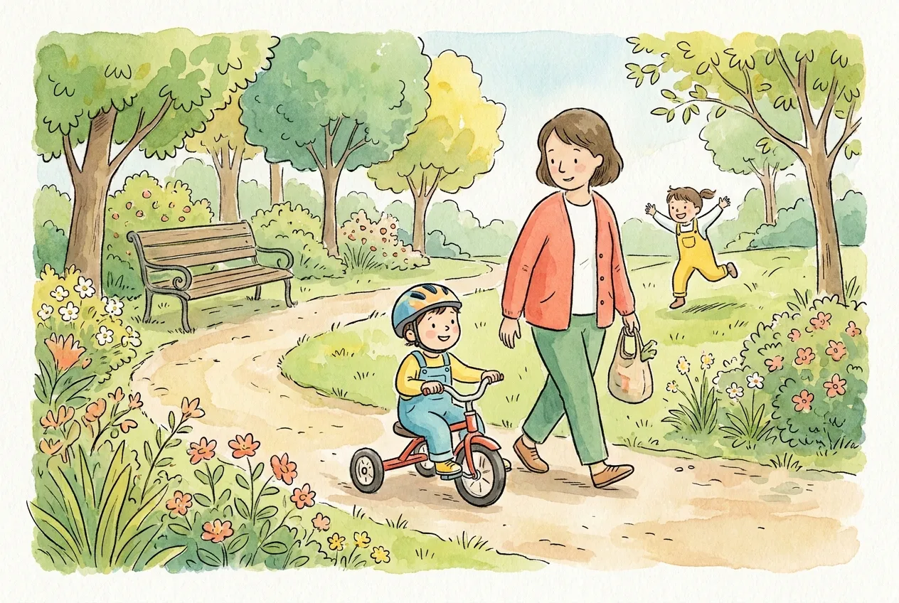 Ilustração em aguarela: num caminho de terra de um parque com flores e um banco, uma criança de 3 anos com capacete pedala um triciclo vermelho ao lado da mãe, e mais atrás outra criança de jardineiras amarelas corre e salta na relva de braços no ar.
