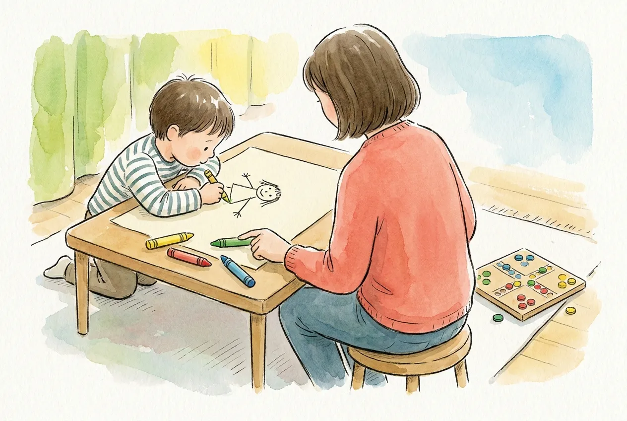 Ilustração em aguarela: um menino de 4 anos, ajoelhado a uma mesa baixa, desenha uma figura humana com cabeça, tronco, braços e pernas, enquanto a mãe aponta para um dos quatro lápis de cera, amarelo, vermelho, verde e azul; ao lado, no chão, espera um jogo de tabuleiro com peões coloridos.