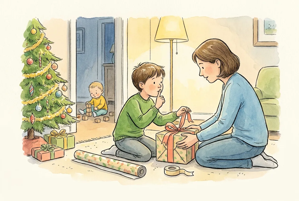 Ilustração em aguarela: uma criança e a mãe embrulham juntas uma prenda junto à árvore de Natal, a criança com o dedo nos lábios a guardar o segredo, enquanto o irmão mais novo brinca com blocos na sala ao lado.