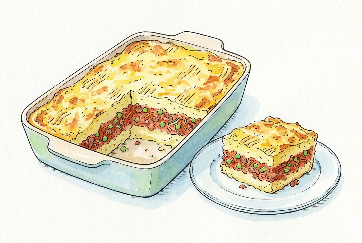Ilustração em aguarela: empadão num tabuleiro de cerâmica com uma porção retirada para um prato, mostrando as camadas de puré de batata e carne picada com ervilhas e cenoura, e a cobertura gratinada riscada com garfo.