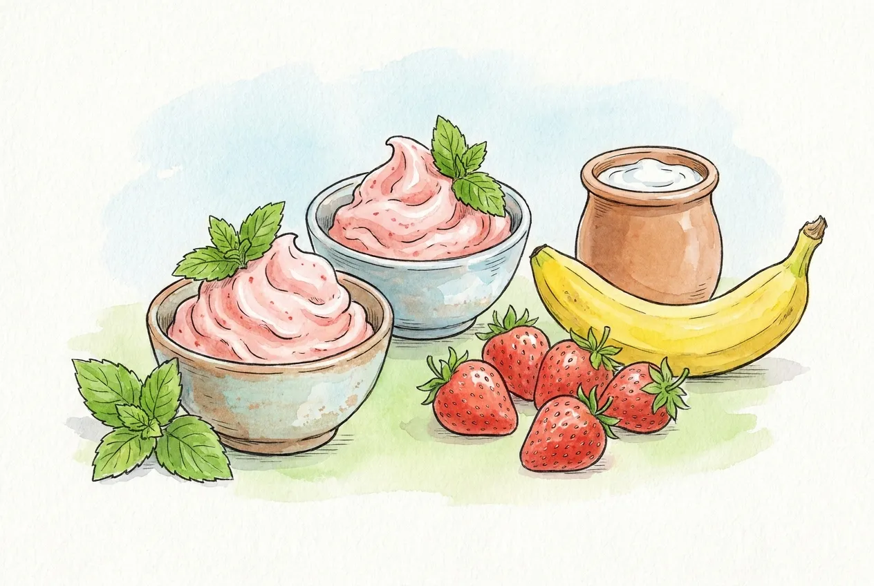 Ilustração em aguarela: duas taças de gelado de morango cremoso cor-de-rosa decoradas com folhas de hortelã, junto a morangos frescos, uma banana e um pote de iogurte natural.