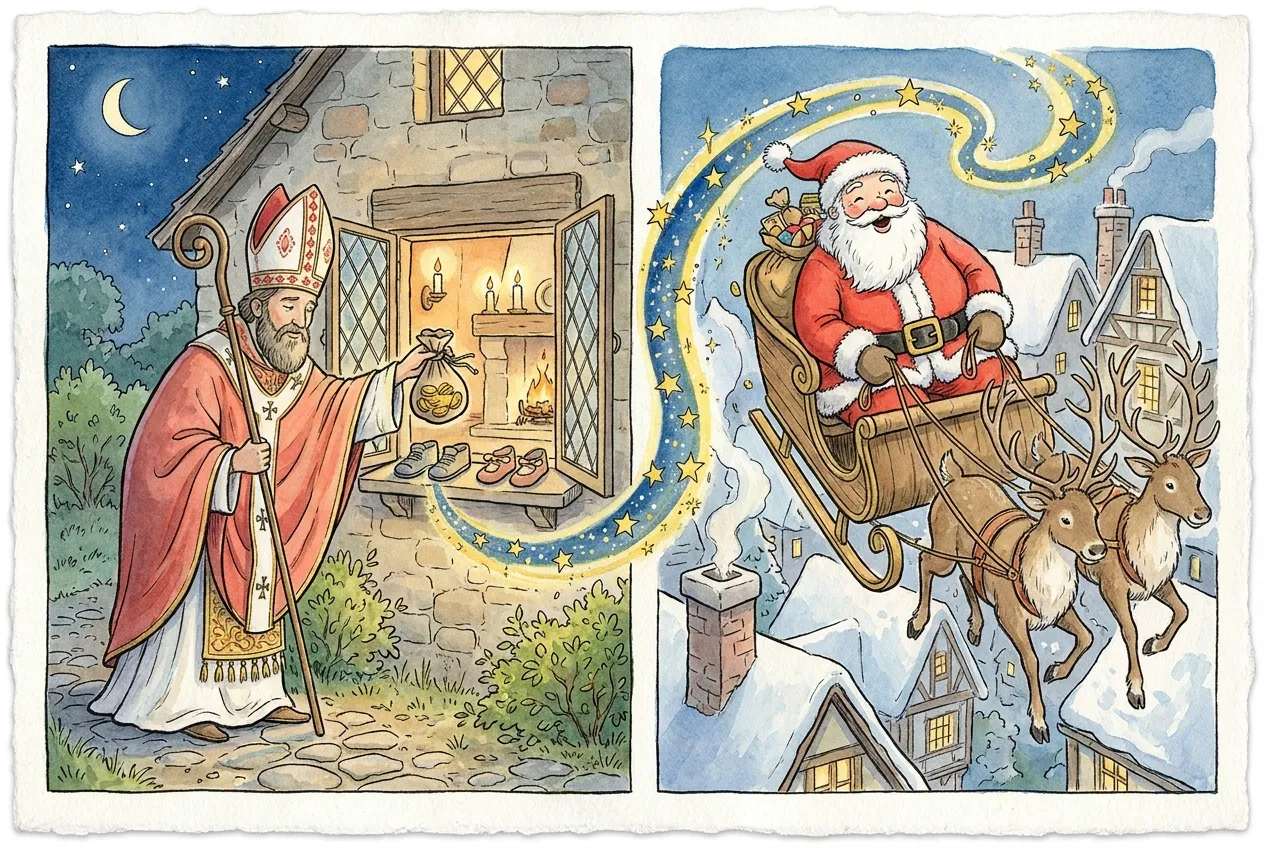 Ilustração em aguarela em duas cenas: à esquerda, São Nicolau vestido de bispo, com mitra e báculo, entrega de noite um saco de moedas de ouro por uma janela; à direita, o Pai Natal de fato vermelho voa num trenó puxado por renas sobre os telhados.