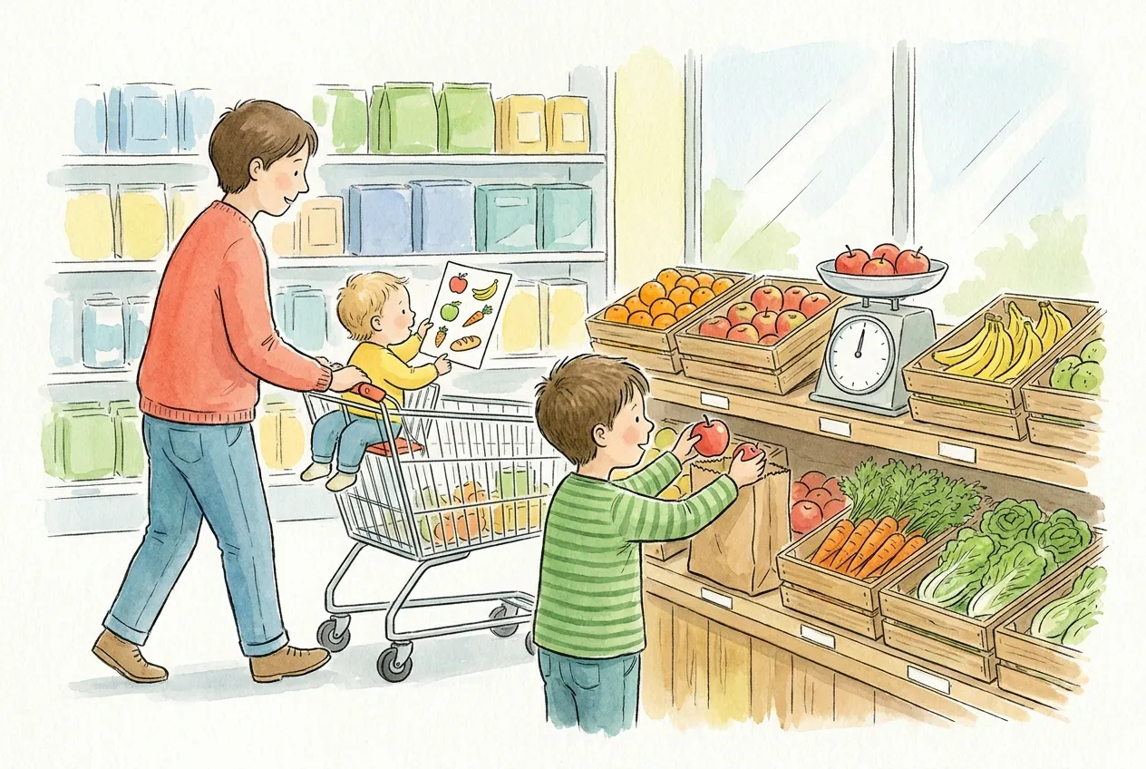 Ilustração em aguarela: na secção da fruta do supermercado, o pai empurra o carrinho onde vai sentada uma criança pequena que segura uma lista de compras feita só com desenhos. Ao lado, um irmão mais velho põe maçãs num saco de papel, junto a caixotes de laranjas, bananas, cenouras e alfaces e a uma balança.