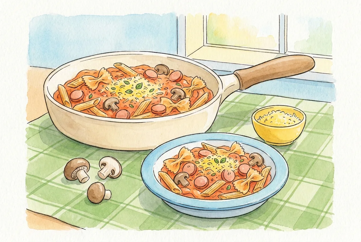 Ilustração em aguarela: frigideira e prato de massa de penne e laços com molho de tomate, rodelas de salsicha, cogumelos laminados e queijo ralado, com cogumelos inteiros e uma taça de queijo na mesa.