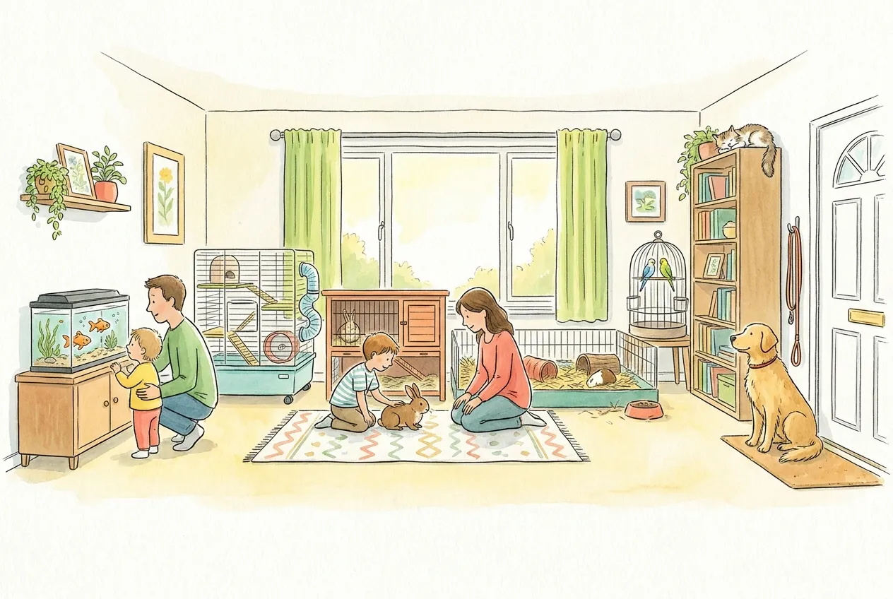 Ilustração em aguarela: uma sala de família com vários animais de estimação lado a lado: um aquário com peixes que uma criança observa com o pai, uma gaiola de hamster, um coelho que outra criança acaricia no tapete, um porquinho-da-índia num cercado, dois periquitos numa gaiola, um gato deitado no alto de uma estante e um cão sentado junto à porta, com a trela pendurada.