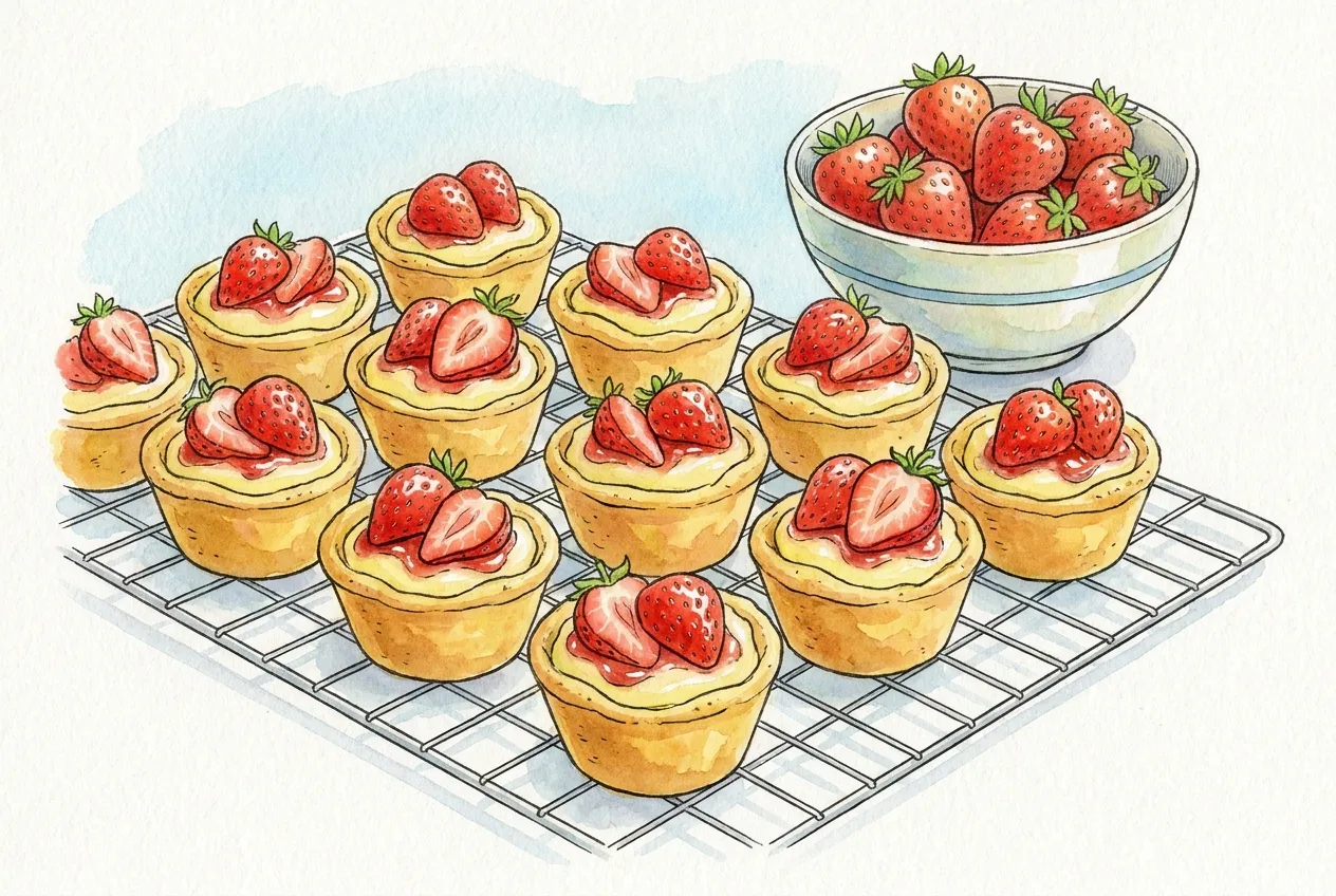 Ilustração em aguarela: doze mini-tartes de massa quebrada numa grelha, cheias de creme pasteleiro amarelo e cobertas de metades de morango com brilho, ao lado de uma taça de morangos frescos.
