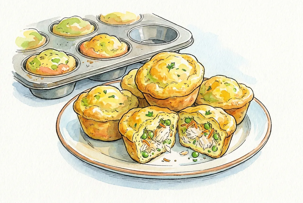 Ilustração em aguarela: mini-tortas de peixe douradas num prato, uma aberta a mostrar peixe branco desfiado, ervilhas, cenoura ralada e salsa, com a forma de queques ao fundo.