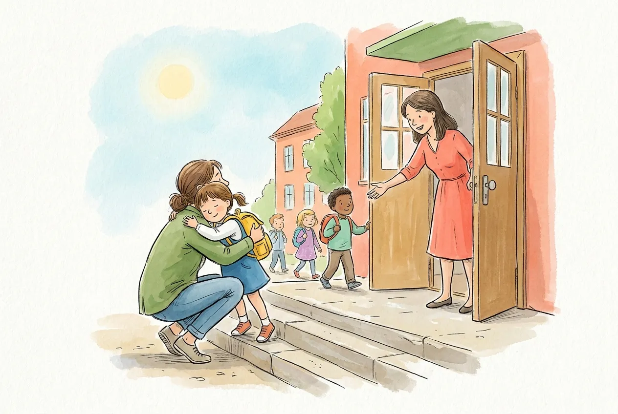 Ilustração em aguarela: nos degraus da escola, a mãe agachada dá um abraço de despedida a uma menina de mochila amarela, enquanto a professora, à porta aberta, estende a mão para a receber e outras crianças entram.