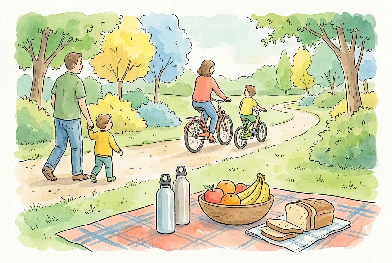 Ilustração em aguarela: uma família passa a tarde num parque, um pai a passear de mão dada com o filho pequeno e uma mãe a andar de bicicleta ao lado de outra criança. Em primeiro plano, numa manta de piquenique, duas garrafas de água reutilizáveis, uma taça com maçãs, laranjas e bananas e um pão às fatias.