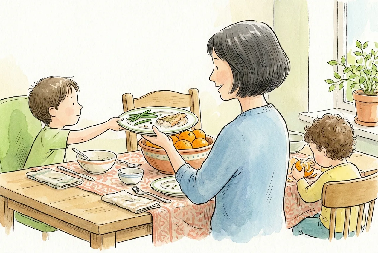 Ilustração em aguarela: no fim do jantar, um rapaz estende calmamente à mãe o prato com feijão-verde e peixe que deixou, e ela recebe-o a sorrir. No centro da mesa espera uma taça de laranjas para a sobremesa, e um irmão mais novo descasca uma laranja.