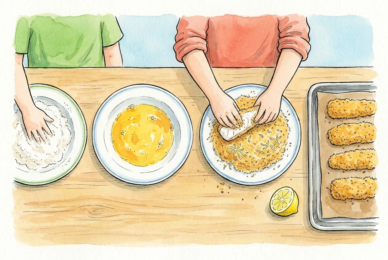 Ilustração em aguarela: linha de panar com pratos de farinha, ovo batido e pão ralado, mãos a passar uma tira de peixe pelo pão ralado e um tabuleiro com tiras já panadas ao lado de meio limão.