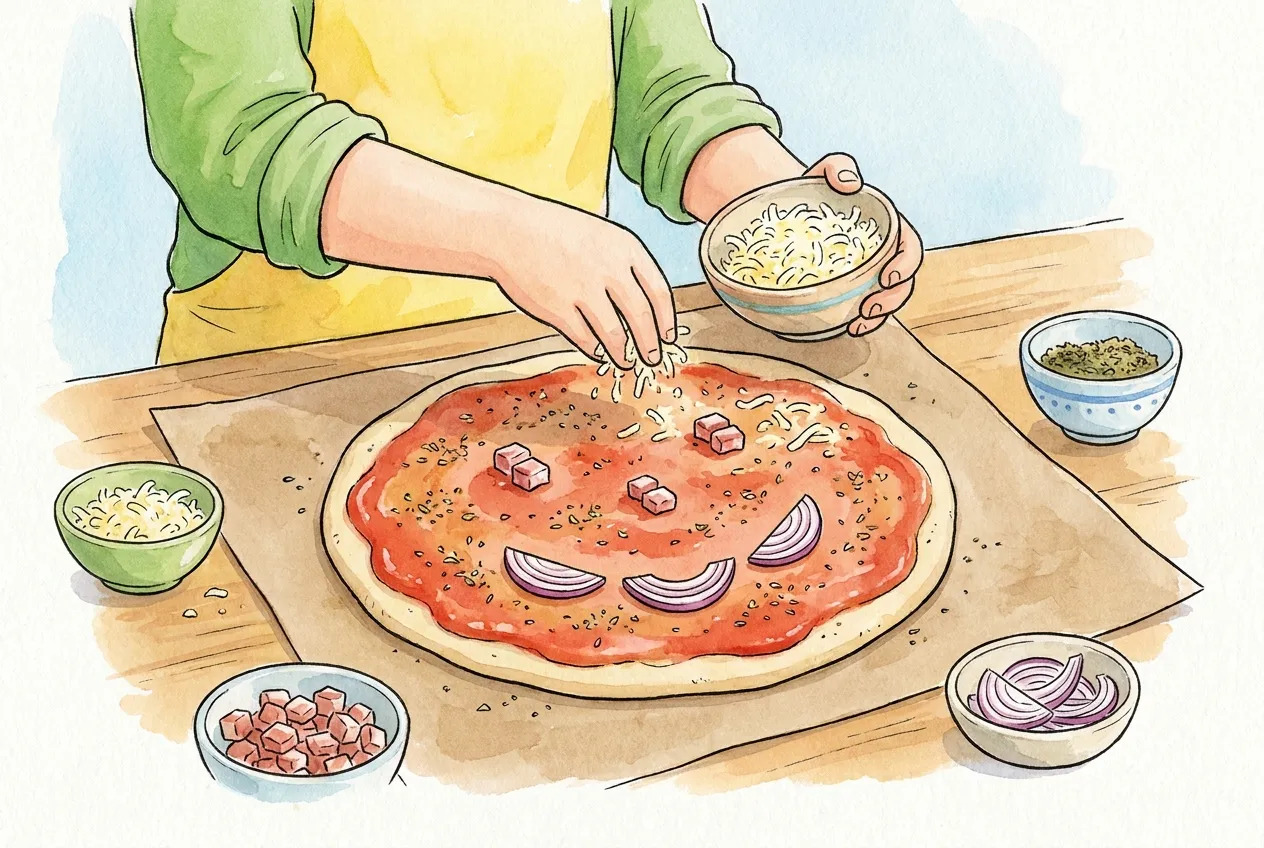 Ilustração em aguarela: uma criança espalha queijo ralado sobre uma base de pizza com molho de tomate e orégãos, onde cubos de bacon e meias-luas de cebola formam uma cara sorridente, rodeada de taças com os ingredientes.