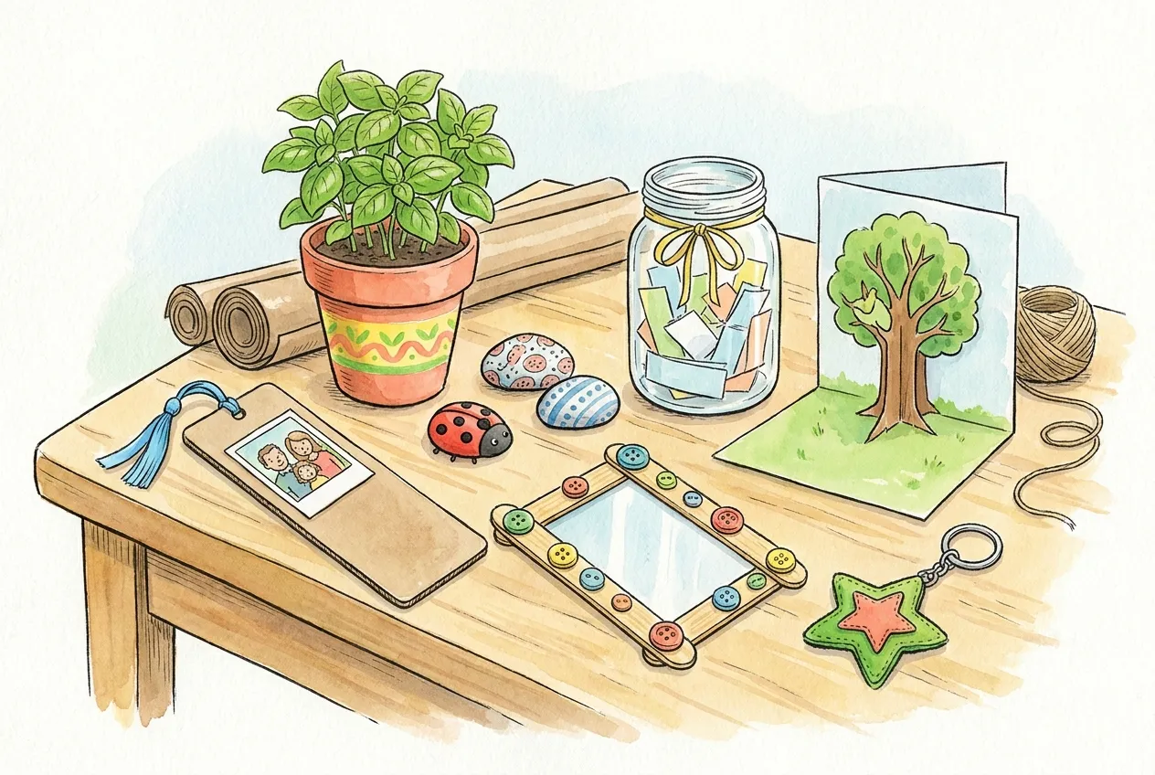 Ilustração em aguarela: prendas feitas à mão numa mesa: marcador de livros com fotografia, vaso pintado com manjericão, pedras pintadas e uma joaninha, moldura de paus de gelado com botões, frasco de vales, postal com árvore em relevo e porta-chaves de feltro em estrela.