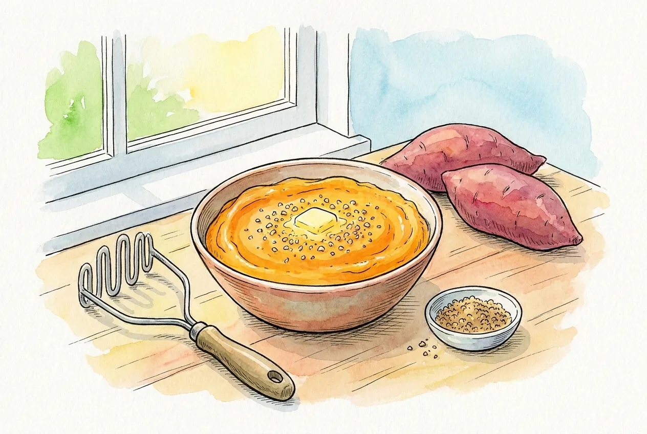 Ilustração em aguarela: taça de puré de batata-doce cor de laranja com manteiga a derreter e noz muito picada por cima, ao lado de um esmagador, duas batatas-doces inteiras e um pires de noz moída.