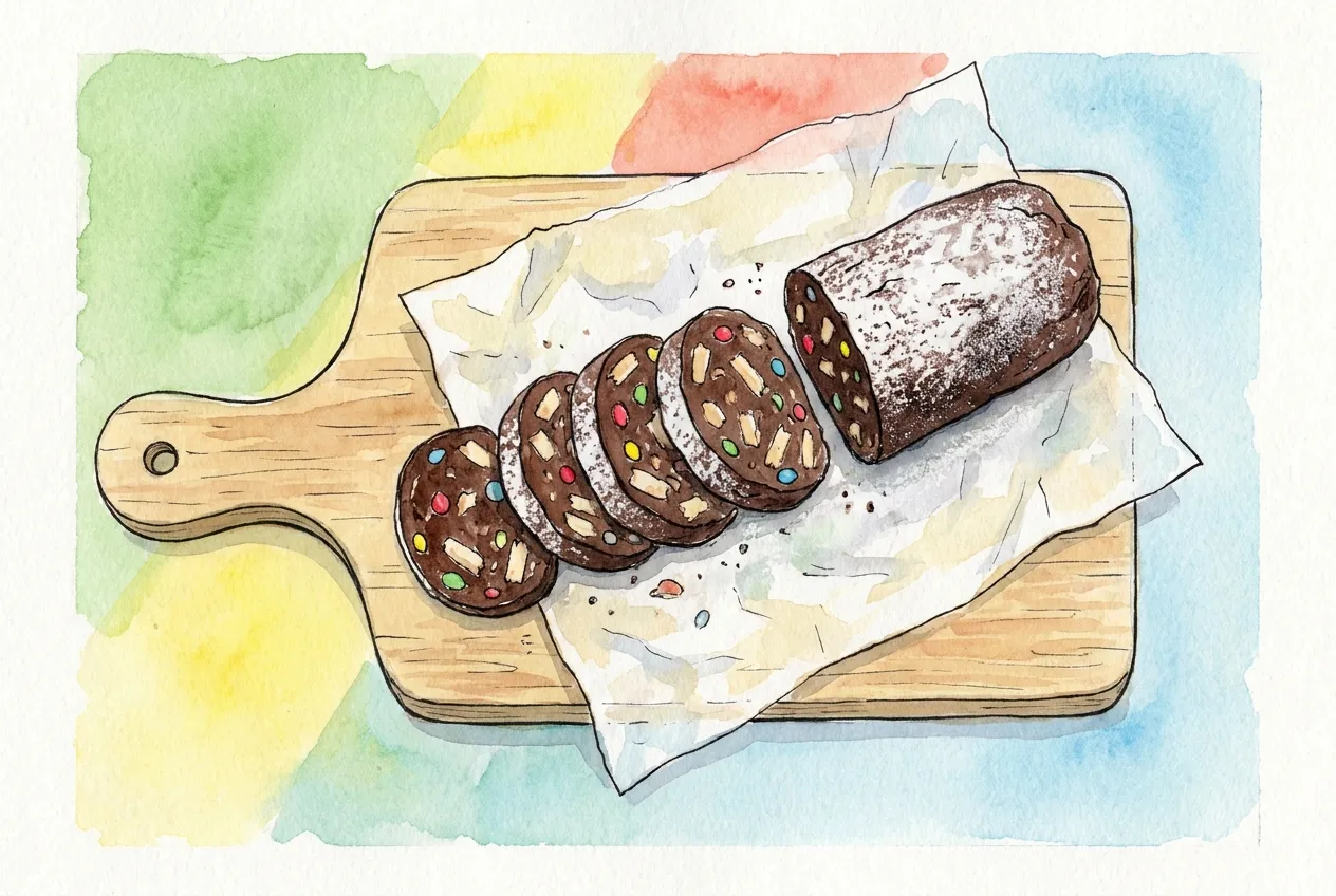 Ilustração em aguarela: salame de chocolate numa tábua de madeira sobre papel vegetal, cortado em fatias que mostram pedaços de bolacha e drageias coloridas, com a ponta inteira do rolo polvilhada de açúcar em pó.