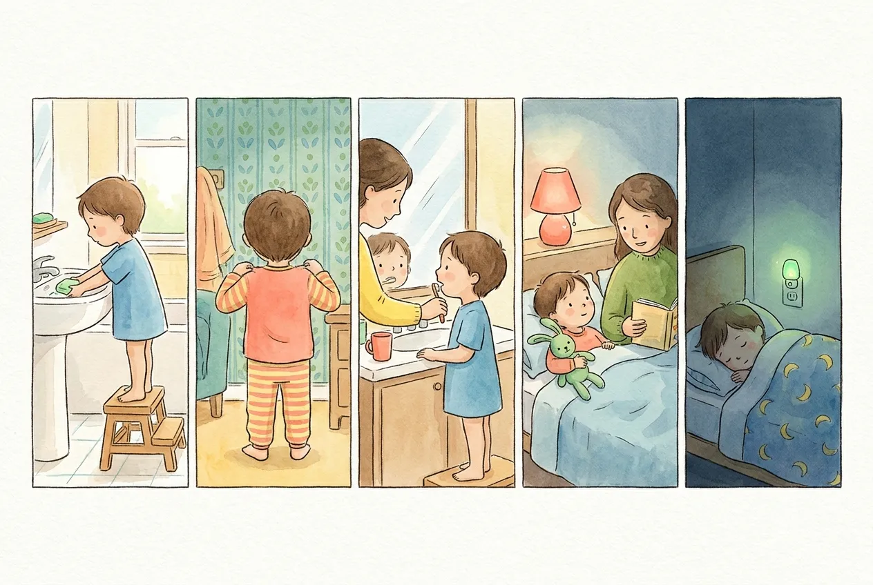 Ilustração em aguarela: a rotina de deitar em cinco quadros seguidos — a criança lava as mãos num banco junto ao lavatório, veste o pijama às riscas, lava os dentes ao espelho com a mãe, ouve uma história na cama com um coelho de peluche à luz baixa de um candeeiro e, por fim, dorme no quarto escuro com uma pequena luz de presença acesa.