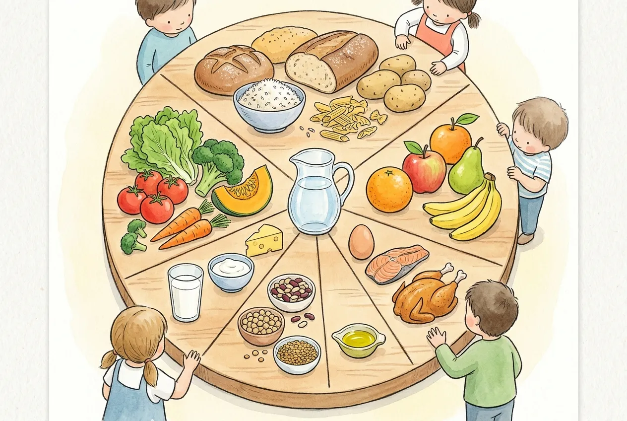 Ilustração em aguarela: uma grande roda de madeira dividida em sete fatias de tamanhos diferentes, com pão, arroz, massa e batatas na maior, hortícolas, fruta, leite, iogurte e queijo, ovo, salmão e frango, feijão, grão e lentilhas, e um pouco de azeite na mais pequena. No centro está um jarro de água, e cinco crianças espreitam à volta da roda.